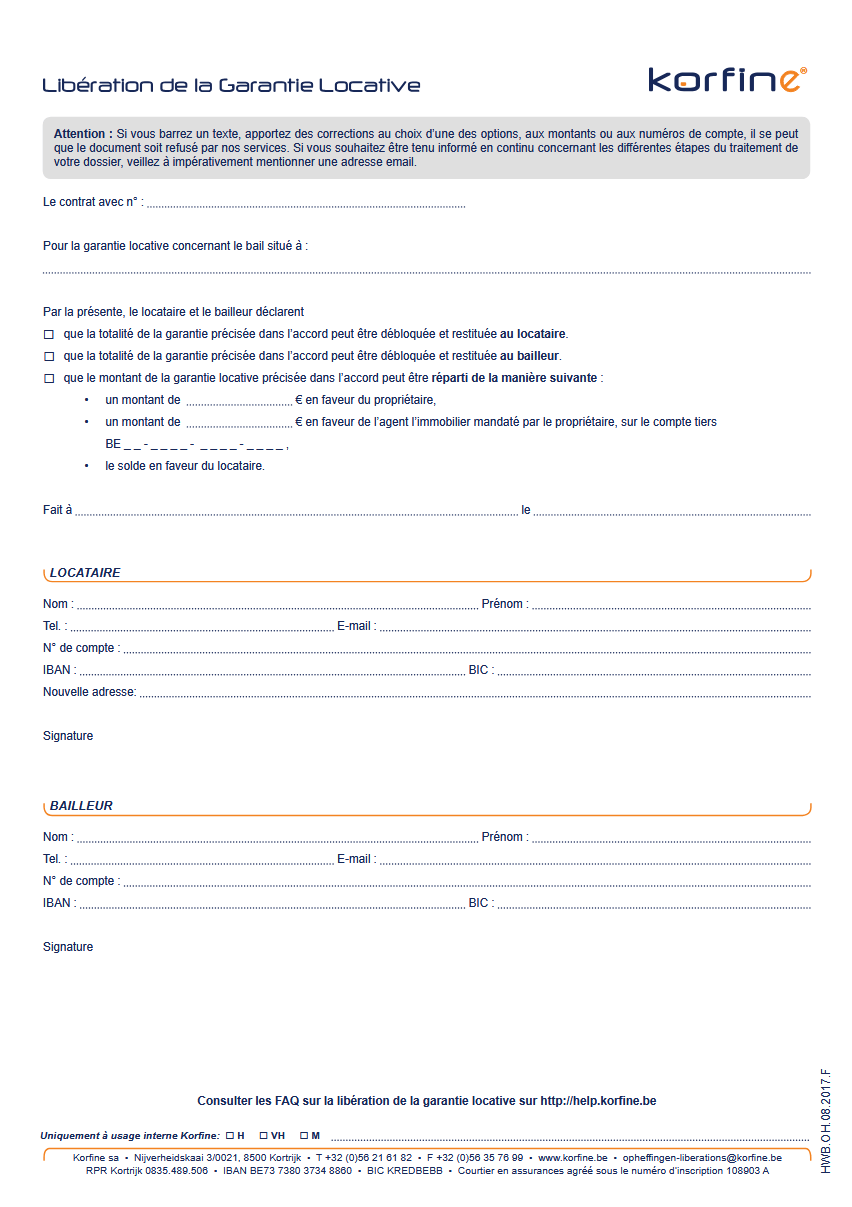 Korfine vrijgaveformulier huurwaarborg